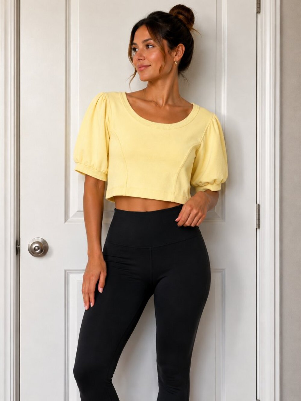 aerie Pale Yellow Puff-Sleeve Cropped Top